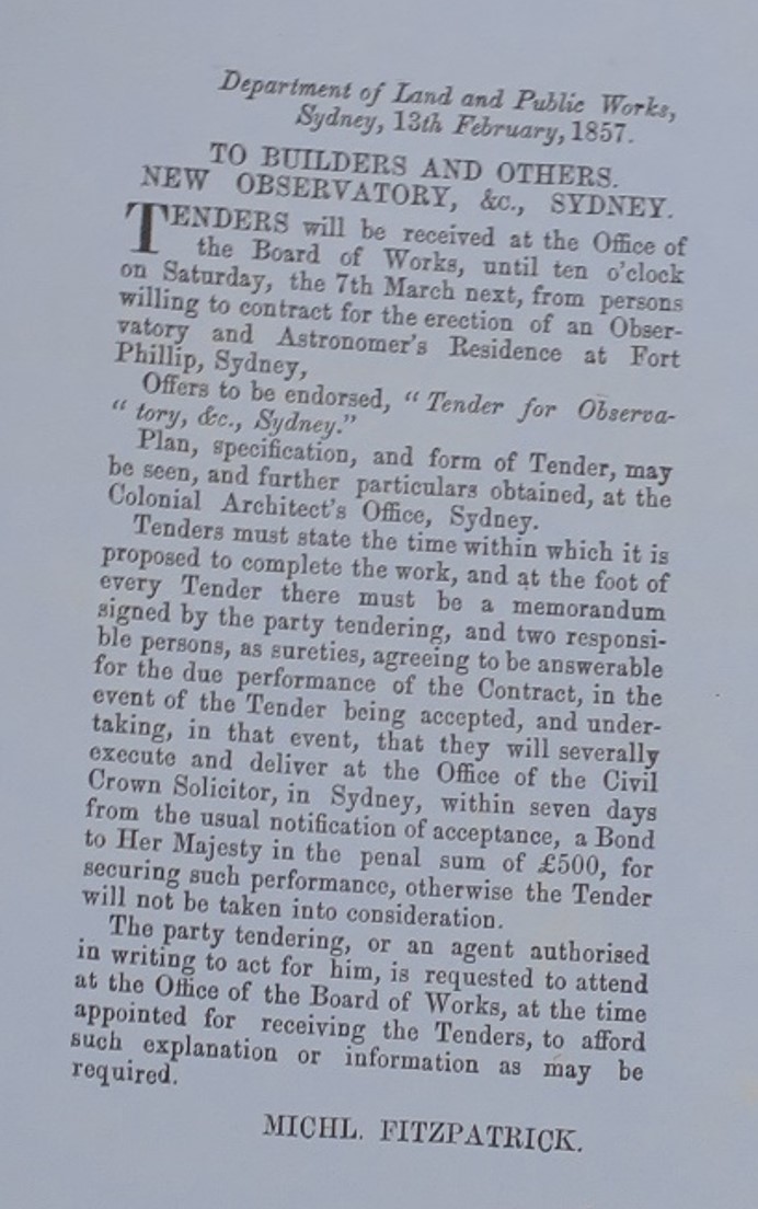 Tenders to construct Sydney Observatory were invited in the Government Gazette of Friday February 13, 1857. Document courtesy of NSW State Archives 